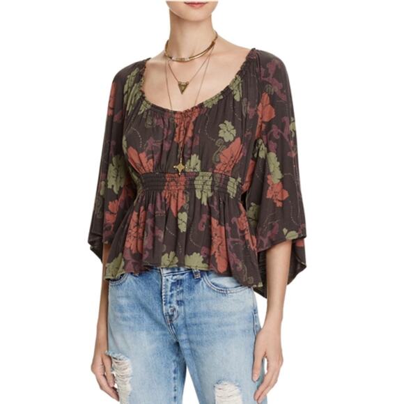 FREE PEOPLE • Glenslide Boho Floral Low Back Bell Sleeve Peasant Top - Picture 2 of 8